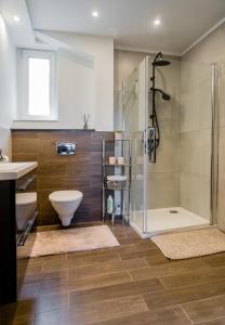 a bathroom with a shower and a toilet and a sink at Apartament u Basi in Gdańsk