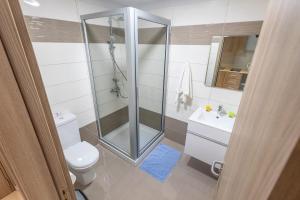 a bathroom with a shower and a toilet and a sink at Bellini Hotel in Ayia Napa