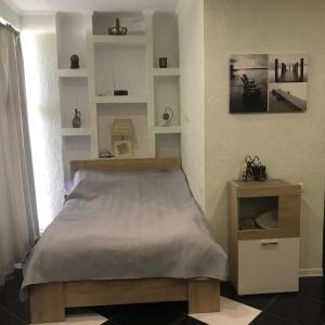 a bedroom with a bed and a table and shelves at Apartments ZOLOTOY BEREG in Zatoka