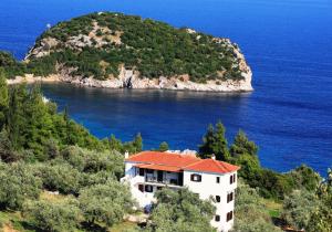 a house on a hill next to the ocean at Mando Beachfront in Stafylos