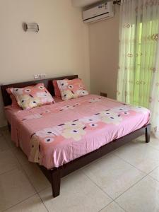 una camera da letto con un letto con una coperta rosa e cuscini di Appartement chic et moderne wifi Starlink a Douala