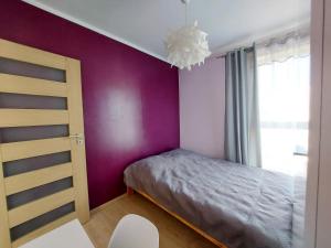 a bedroom with a bed and a purple wall at Apartament Ania in Świnoujście