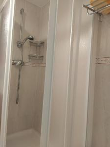 eine Dusche in einem Badezimmer mit Duschvorhang in der Unterkunft O Porto Mariñeiro in Cillero