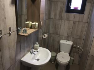 a bathroom with a toilet and a sink and a mirror at Casa David in Constanţa