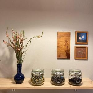 a shelf with jars and a blue vase with flowers at Vila Dunavski Raj in Golubac