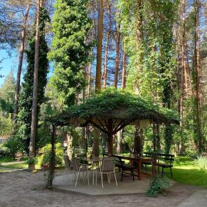 a picnic table and chairs under a large umbrella at Vila Dunavski Raj in Golubac