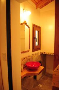 a bathroom with a red sink and a mirror at La Aljaba in El Bolsón +22 photos