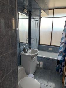 a bathroom with a toilet and a sink and a tub at Departamento Amoblado Talca in Antofagasta +6 photos