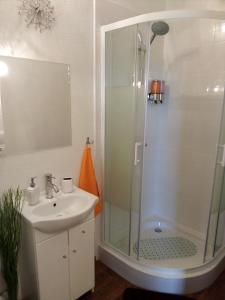 a bathroom with a shower and a sink at Torino in Zator