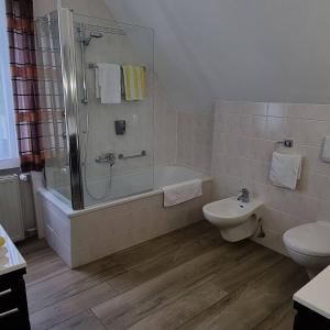 ein Bad mit einer Dusche, einem WC und einem Waschbecken in der Unterkunft Hotel Rhöner Land Garni - Bed & Breakfast in Oberthulba