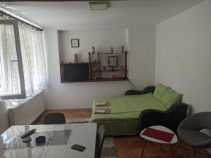 a living room with a green couch and a table at Sokobanja Apartmani in Soko Banja