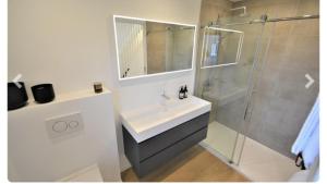 y baño blanco con lavabo y ducha. en Semarane, en Knokke-Heist