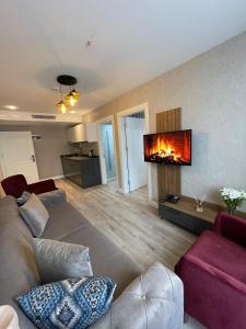 a living room with a couch and a fireplace at DEDEHAN GOLDEN PLAZA in Trabzon