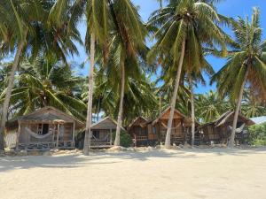 a row of cottages on a beach with palm trees at Castaway Beach Bungalows in Srithanu