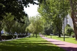 a park with green grass and trees and a sidewalk at Hotel Coia de Vigo in Vigo