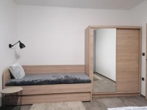 1 dormitorio con cama y espejo en Apartmán 88, en Červená Voda