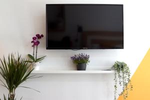 a tv on a wall with flowers on a shelf at Barcelona COZY Apartment in Hospitalet de Llobregat