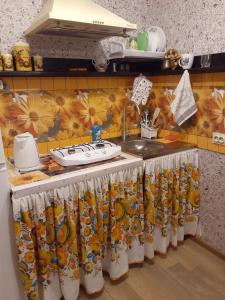 eine Küchentheke mit einer Spüle und einer Arbeitsplatte mit einer Spüle in der Unterkunft Гостевой дом Уют in Karolino-Buhas