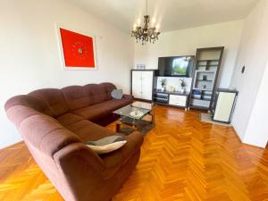 sala de estar con sofá marrón y TV en Apartman Lu&Ni, en Dramalj