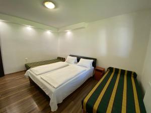 a hotel room with two beds and a striped carpet at Amarin Apartments in Hajdúszoboszló