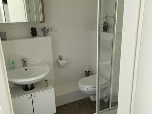 a white bathroom with a toilet and a sink at Grafenburg, Residenz Kaiserreich in Kiefersfelden