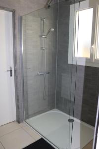 a shower with a glass door in a bathroom at Gîte La Presqu'île in Bricqueville-sur-Mer