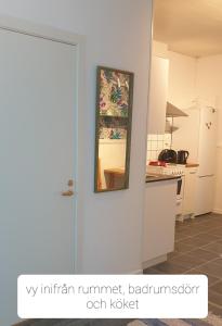 een deur naar een keuken met een spiegel aan de muur bij Blankaholm 25 in Blankaholm