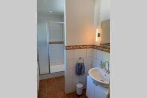 a bathroom with a sink and a shower at Köbelerhof - Stilvoll eingerichtete Landwohnung in Kördorf