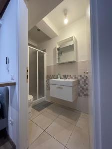 a bathroom with a sink and a toilet at L'ANTICA FALCONERIA in Iesi