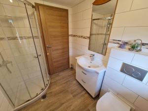 a bathroom with a shower and a sink and a toilet at Apartments Irena in Bohinj +35 photos
