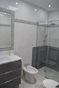 een badkamer met een douche, een toilet en een wastafel bij Torre de Arena y Playa in Sanlúcar de Barrameda