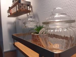 two glass jars on a shelf with a potted plant at Studio de l'Horloge - Studio de Charme, hyper centre Maison Jean Vilar in Avignon