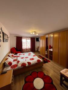 1 dormitorio con 1 cama con edredón rojo y blanco en Pensiunea Casa Mădă, en Baia de Fier