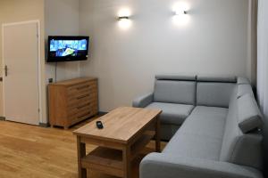 a living room with a couch and a table and a tv at APARTAMENT KOTLINKA in Jasło