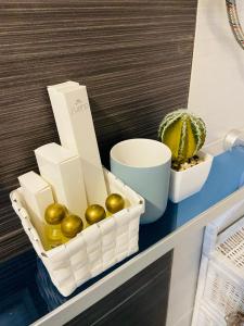 una cesta de comida en un estante con un cactus en Apartament na Starówce VI, en Pszczyna