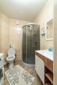 a bathroom with a shower and a toilet and a sink at Villa Grace in Oryavchyk