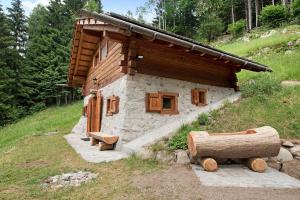 a small log cabin with a bench in front of it at Chalet Bio Wild in Bocenago