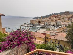 a view of a city with pink flowers on a hill at Pilarella Gallery trilocale vistamare in Porto Santo Stefano