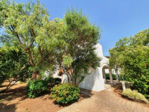 una casa bianca con alberi e un vialetto in mattoni di Via Ugento Apartments - a pochi passi dalle spiagge a Sant'Isidoro