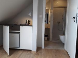 a bathroom with a counter and a sink and a toilet at Sosenka in Niechorze +28 photos