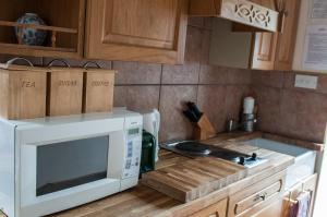 a kitchen with a microwave on top of a counter at Beautiful 1-Bed Cottage in Trellech in Trelleck