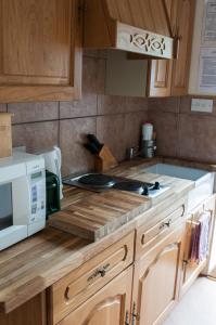 a kitchen with a counter top with a microwave at Beautiful 1-Bed Cottage in Trellech in Trelleck