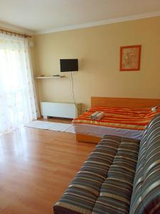 un soggiorno con un letto e un divano di Prémium Apartman a Hajdúszoboszló