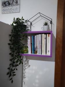 une étagère violette avec des livres et une plante en pot dans l'établissement Sa Sindria, à Cagliari
