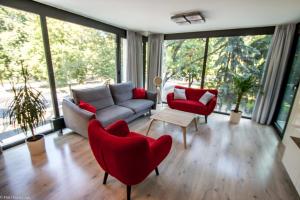 卢布林Apartament Unia 12 Basen&SPA的带沙发、椅子和窗户的客厅