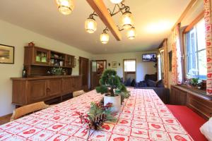 a dining room table with a red and white table cloth at CHALET WIESERNOCK in Bad Kleinkirchheim