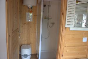 ein kleines Badezimmer mit Toilette und Dusche in der Unterkunft Haus am See in Rust