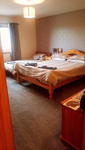 1 dormitorio con 2 camas grandes y ventana en Valhalla B&B, en Bowermadden