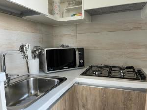 un bancone della cucina con lavello e forno a microonde di Tenuta l'Alba di Monte Matino - Mobil Home a Otranto