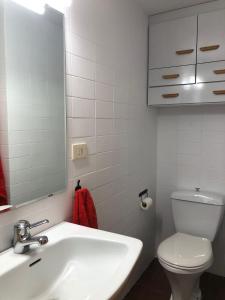 uma casa de banho com um lavatório, um WC e um espelho. em CHECK-IN CASAS Cerler 3F em Cerler